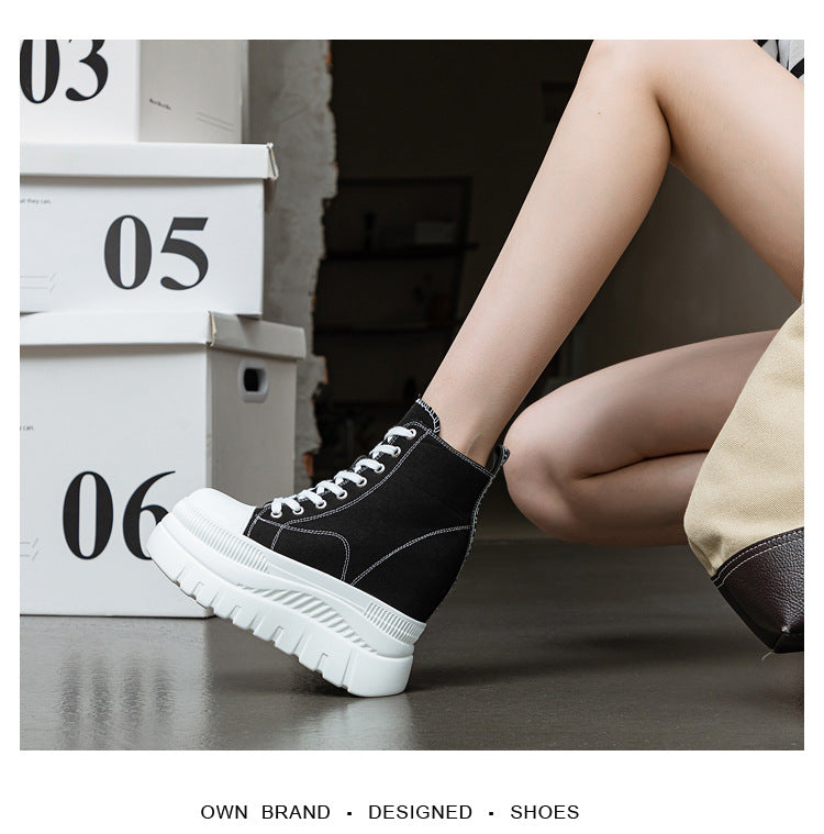 High Top (12CM) Women's Sneakers Casual Leather Lace up Boots Sneakers For Woman Spring Autumn Shoes High Heels Sneaker Shoes