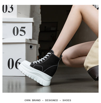 High Top (12CM) Women's Sneakers Casual Leather Lace up Boots Sneakers For Woman Spring Autumn Shoes High Heels Sneaker Shoes