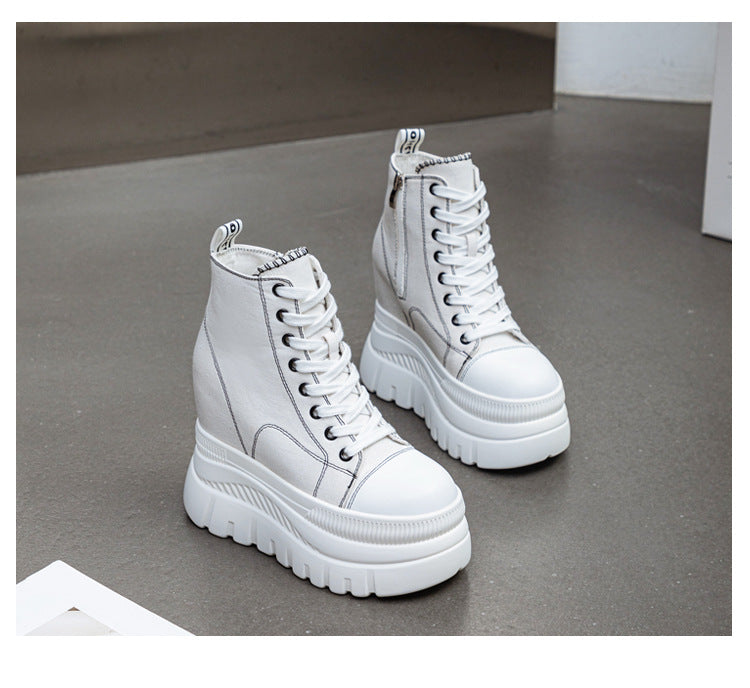 High Top (12CM) Women's Sneakers Casual Leather Lace up Boots Sneakers For Woman Spring Autumn Shoes High Heels Sneaker Shoes