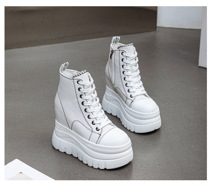 High Top (12CM) Women's Sneakers Casual Leather Lace up Boots Sneakers For Woman Spring Autumn Shoes High Heels Sneaker Shoes