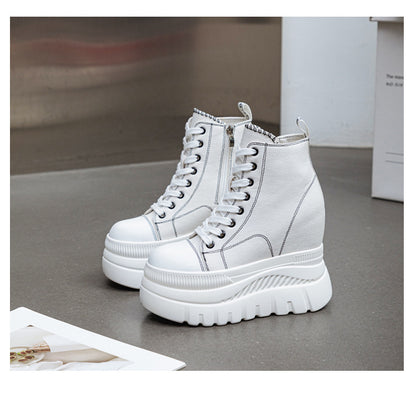 High Top (12CM) Women's Sneakers Casual Leather Lace up Boots Sneakers For Woman Spring Autumn Shoes High Heels Sneaker Shoes