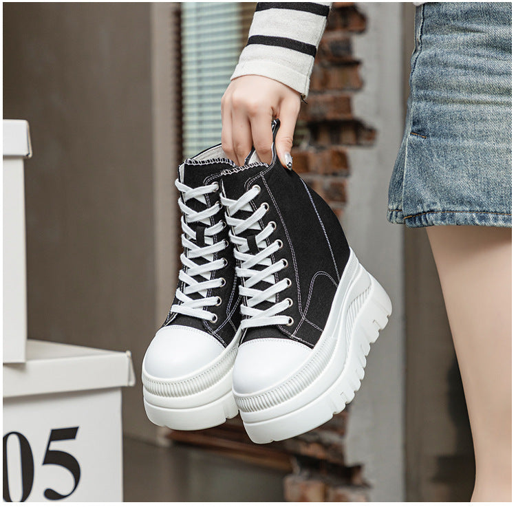 High Top (12CM) Women's Sneakers Casual Leather Lace up Boots Sneakers For Woman Spring Autumn Shoes High Heels Sneaker Shoes