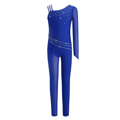 Kids Girls Ballet Dance Gymnastics Leotard Shiny Rhinestones Mesh Asymmetrical Jumpsuit for Figure Skating Acrobatic Performance