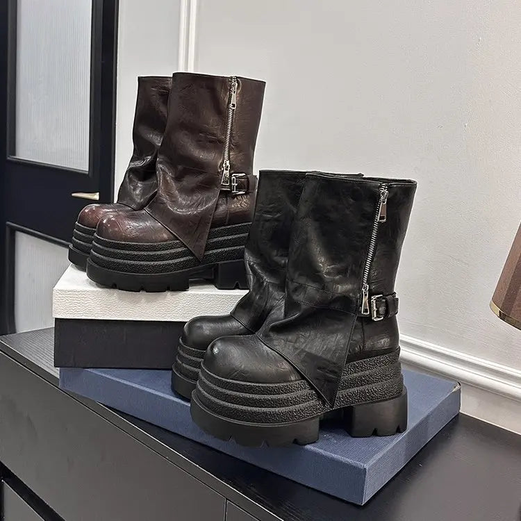 NEW Women's Leather Ankle Boots 10CM Heels Chunky Platform Combat Boots Non Slip Motorcycle Shoes Woman Punk Boots