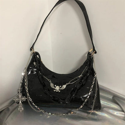 Gothic Dark Punk Underarm Bag With Skull Shoulder Bag Y2k Chain Crocodile Pattern Crossbody Bag  Popular Aesthetic Bags