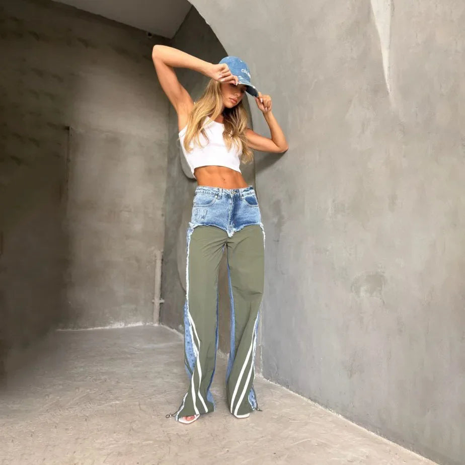 Jeans Women Denim Wide Leg Pants Stripe Trousers Contrast Color Low Waist Washed Pockets 2026 Streetwear Denims Floor Length
