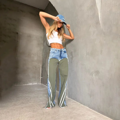 Jeans Women Denim Wide Leg Pants Stripe Trousers Contrast Color Low Waist Washed Pockets 2026 Streetwear Denims Floor Length