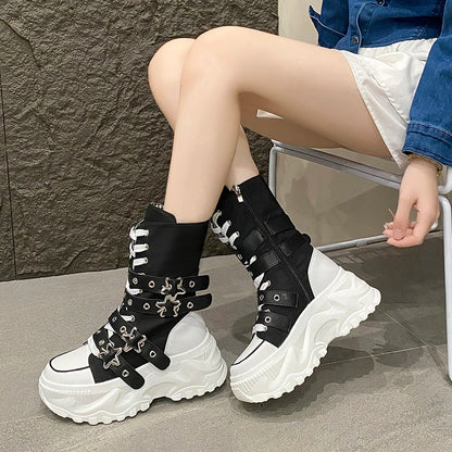 New Rock Platform Y2K Boots Women Summer 2026 Gothic Metal Star Belt Buckle Thick Sole Mid Calf Boots Woman Designer Punk Shoes