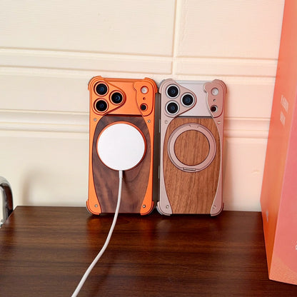 Luxury Metal Frame Walnut Wood Frameless Phone Case For iPhone 17 16 15 14 Pro Max Magsafe Magnetic 360 Rotating Bracket Cover