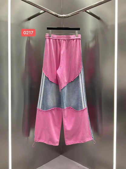 European Casual Suit Women's 2026 Spring and Summer New Letter-printed Trousers Denim Splicing Ripped Short-sleeved Top