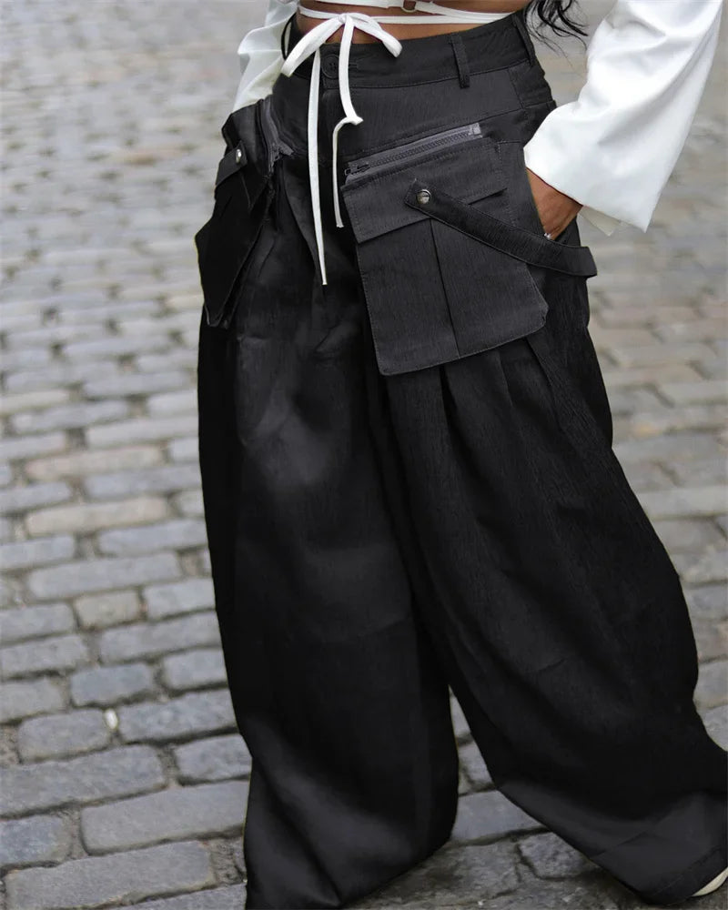 Solid Color Multi-pocket Loose Pants Women High Street Wide Leg Pants Straight High-waisted Oversized Y2K Trousers Pantalones