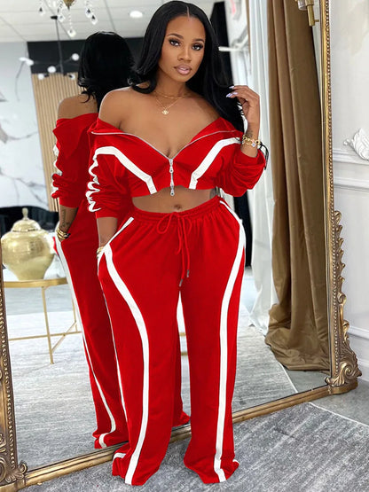 Doyerl Striped Casual Two Piece Set Woman Tracksuit Sports Joggers Zip Long Sleeve Jacket and Sweatpants Matching Sets Outfits