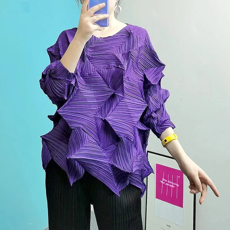 Diamond Pleated Top 8161 Artistic Raglan Sleeve Crew Neck T-Shirt  Spring Summer Fashionable Pleated Des