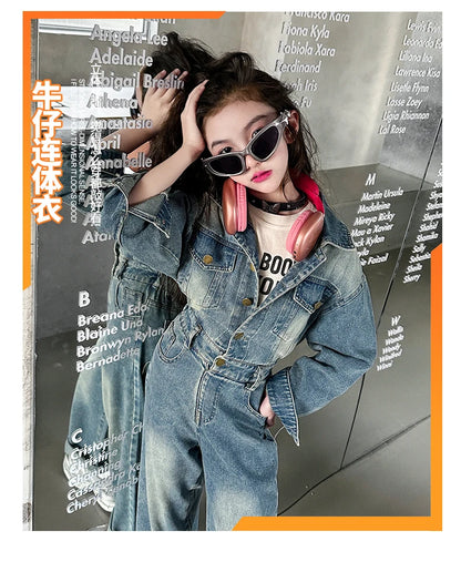 2025 Spring teen Kids girl Denim Jumpsuits Long Sleeve Overalls Children Fashion Jeans Loose Trousers Korean junior Girls Outfit