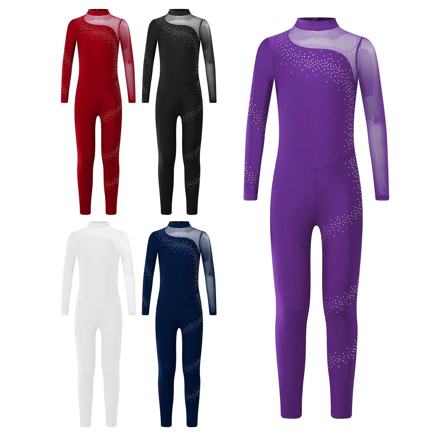 Kids Girls Ballet Dance Gymnastics Leotard Figure Skating Acrobatics Yoga Bodysuit Long Sleeve Shiny Rhinestone Mesh Jumpsuit