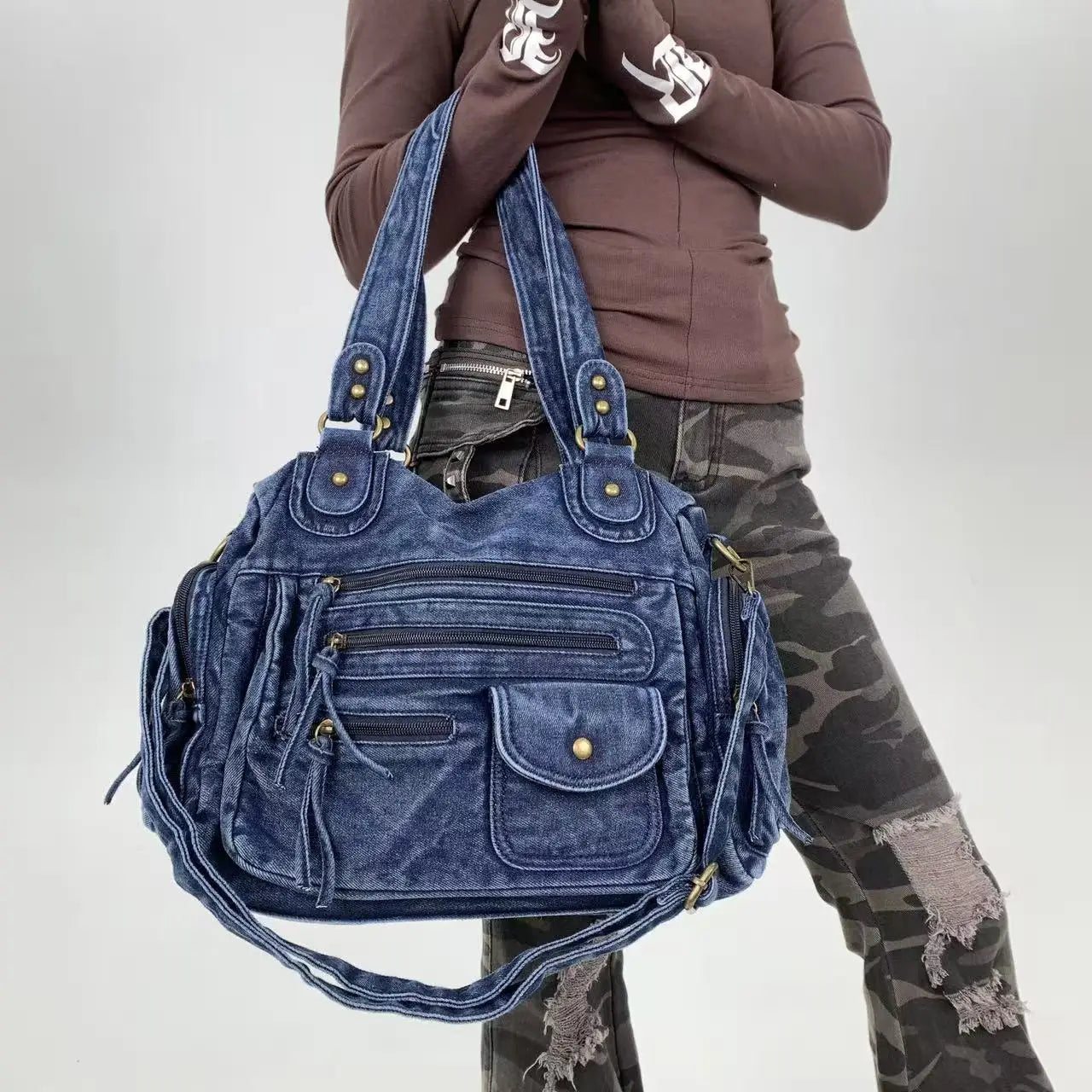 Y2K Street Personalized Women's Multi Pocket Shoulder Bag Large Capacity Retro Motorcycle Tote Bag