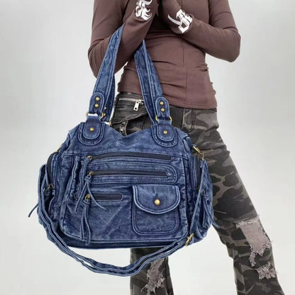 Y2K Street Personalized Women's Multi Pocket Shoulder Bag Large Capacity Retro Motorcycle Tote Bag