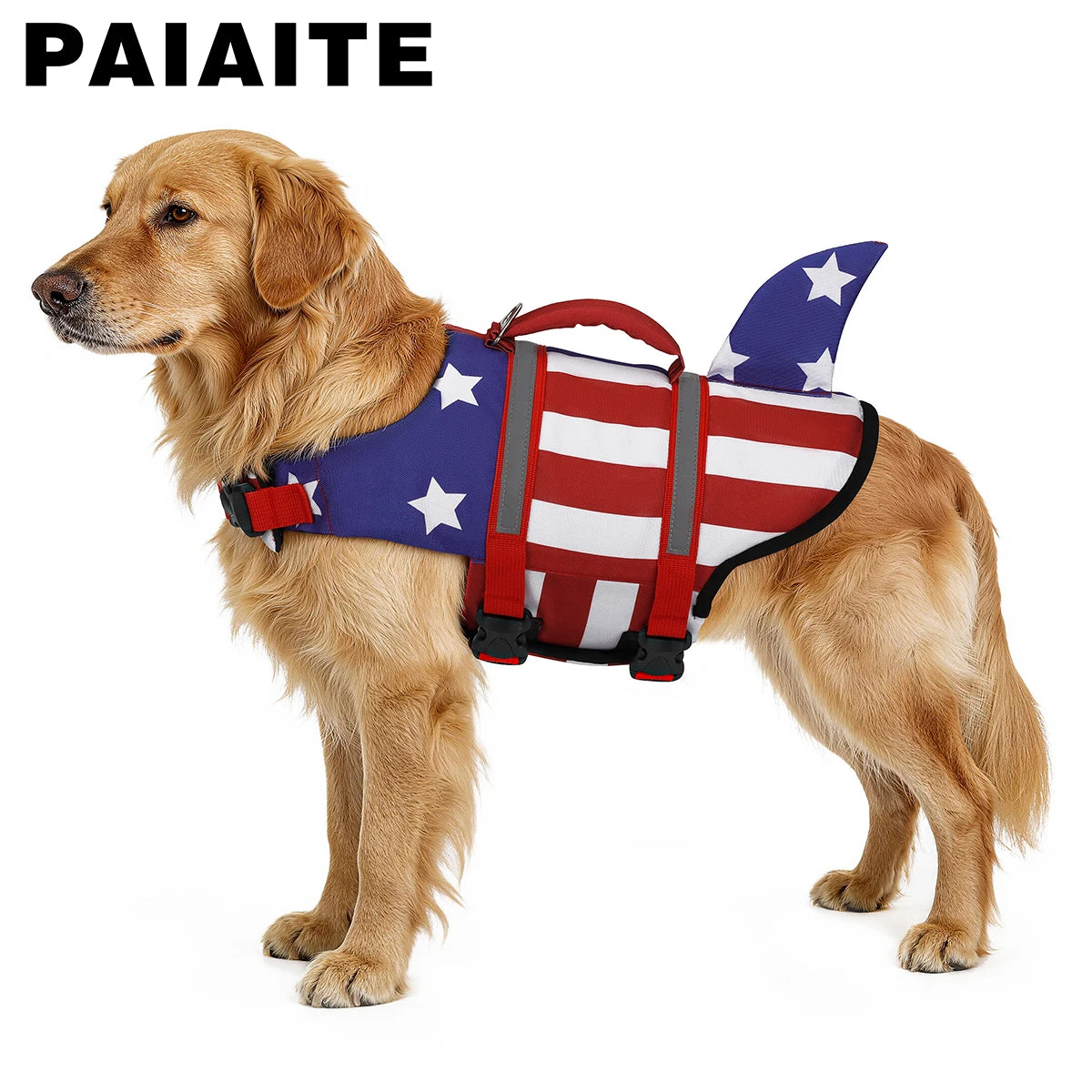 Shark US Flag Dog Life Jacket, Reflective Swim Vest with Rescue Handle, Adjustable High Buoyancy for Small Medium Large Dogs