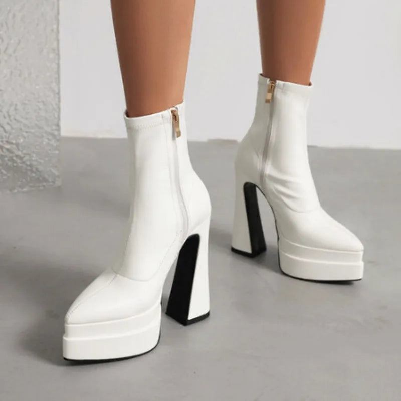New 2026 Style Fashion High-heeled Women's Boots Solid PU Pointed Toe Zipper Platform Square Heel Women's Boots