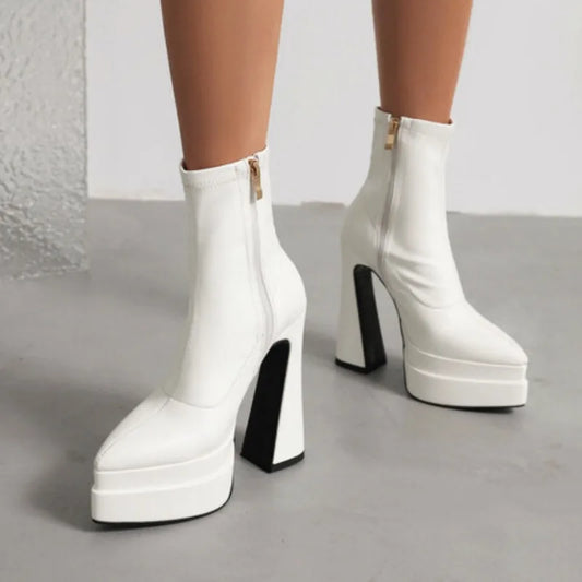 New 2026 Style Fashion High-heeled Women's Boots Solid PU Pointed Toe Zipper Platform Square Heel Women's Boots