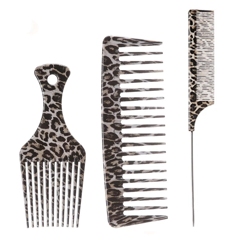 1/2/3pcs Leopard Print Comb Set Anti-Static Wide Teeth Afro Braid Fork Comb Rat Tail Curly Hair Styling Tools