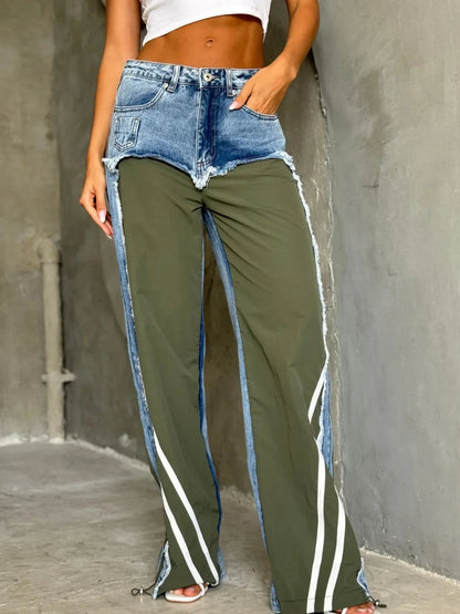 Jeans Women Denim Wide Leg Pants Stripe Trousers Contrast Color Low Waist Washed Pockets 2026 Streetwear Denims Floor Length