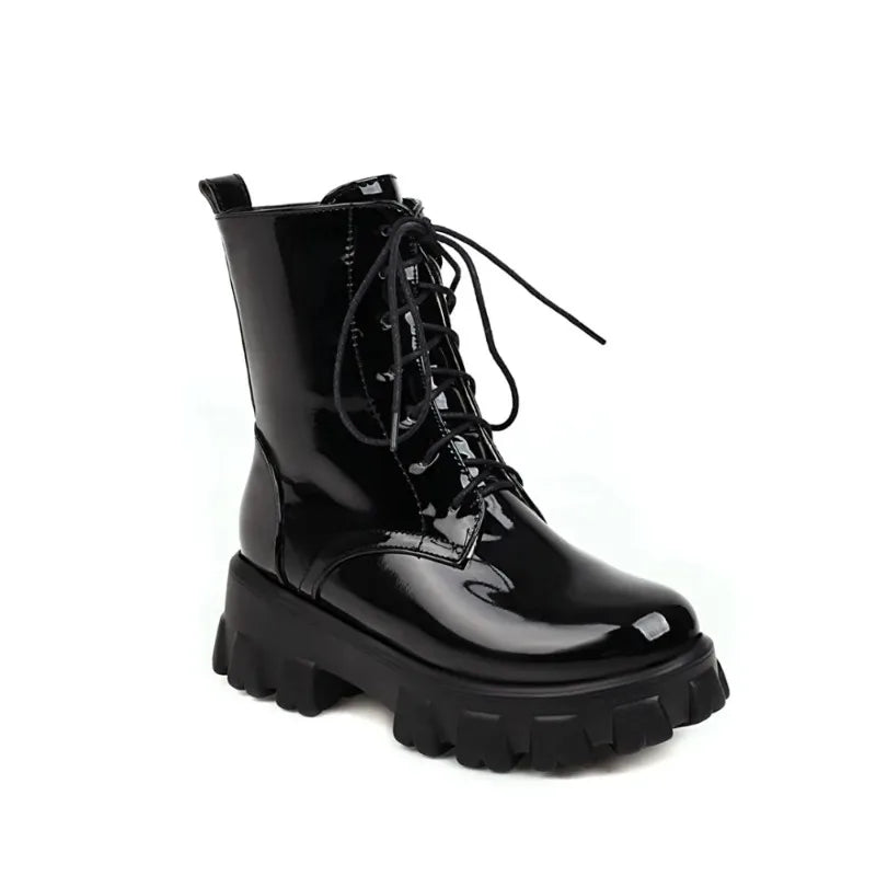 High End Women Boot Fashion Patent Leather Ankle Boots Exquisite Lace Platform Boots for Woman Luxury Designer Shoes Botas Mujer