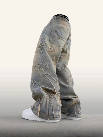 American New Fashion Patch Baggy Casual Jeans For Men And Women Y2K High Street Harajuku High Waist Wide Leg Denim Trousers