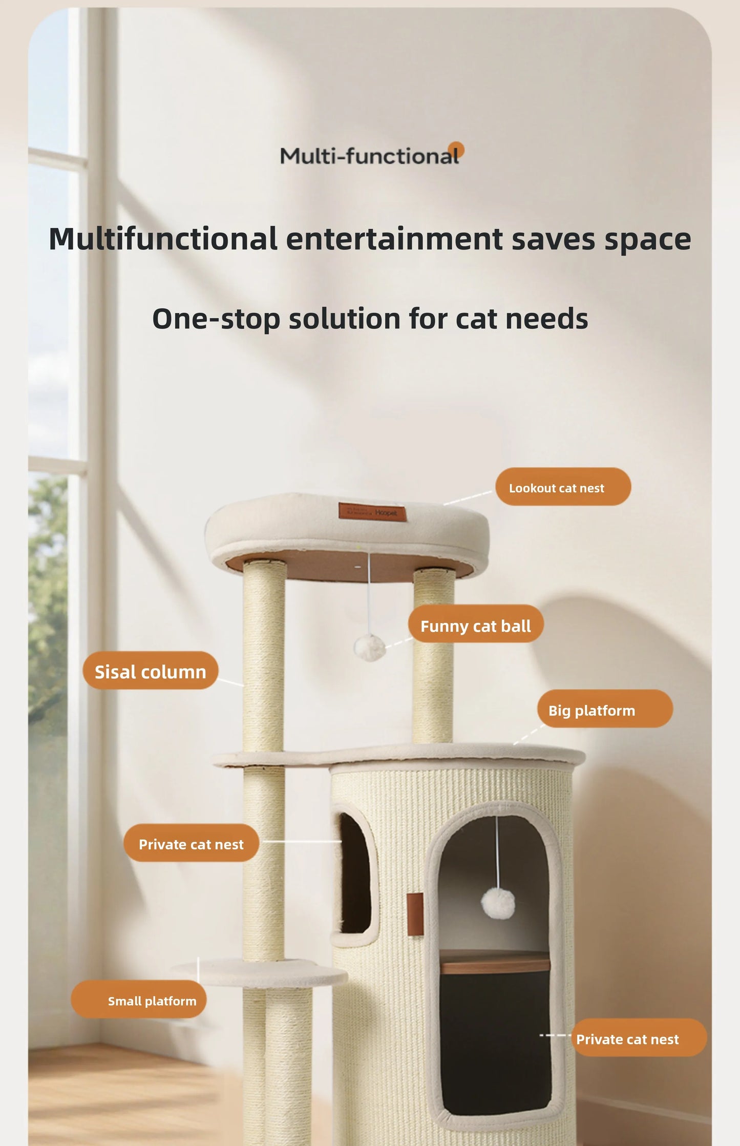 Cat Tree for Small Spaces Multi Level Scratching Post with Cat Condo and Sisal Barrel