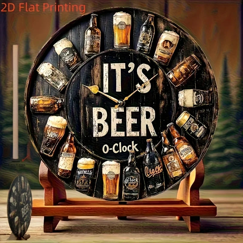 Beer O'Clock" Circular Wooden Wall Decor Sign with Beer Bottle & Glass Art - Artificial Wood Classic Home Bar Pub for
