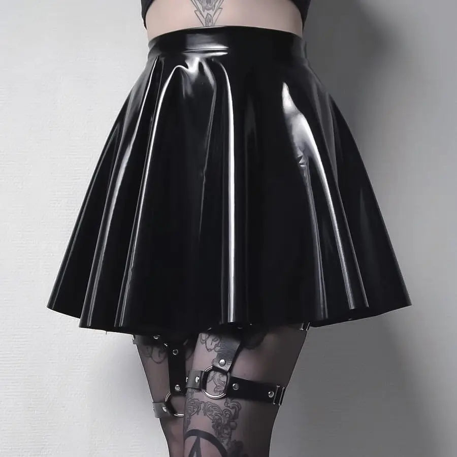 Women Black Patent Leather Pleated Mini Skirt High Waist Flared Gothic Punk Skirt Edgy Streetwear Skirt For Daily Wear & Dating