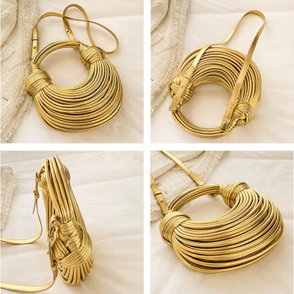 2026 New Gold Handbags for Women Luxury Designer Brand Handwoven Noodle Bags Rope Knotted Evening Clutch Underarm Dumpling Bag