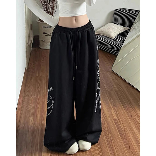 2026 Spring Women Black Gothic Baggy Y2k Letter Pants Aesthetic 2000s Vintage Oversize Hip-pop Sweatpants Wide Leg Trousers