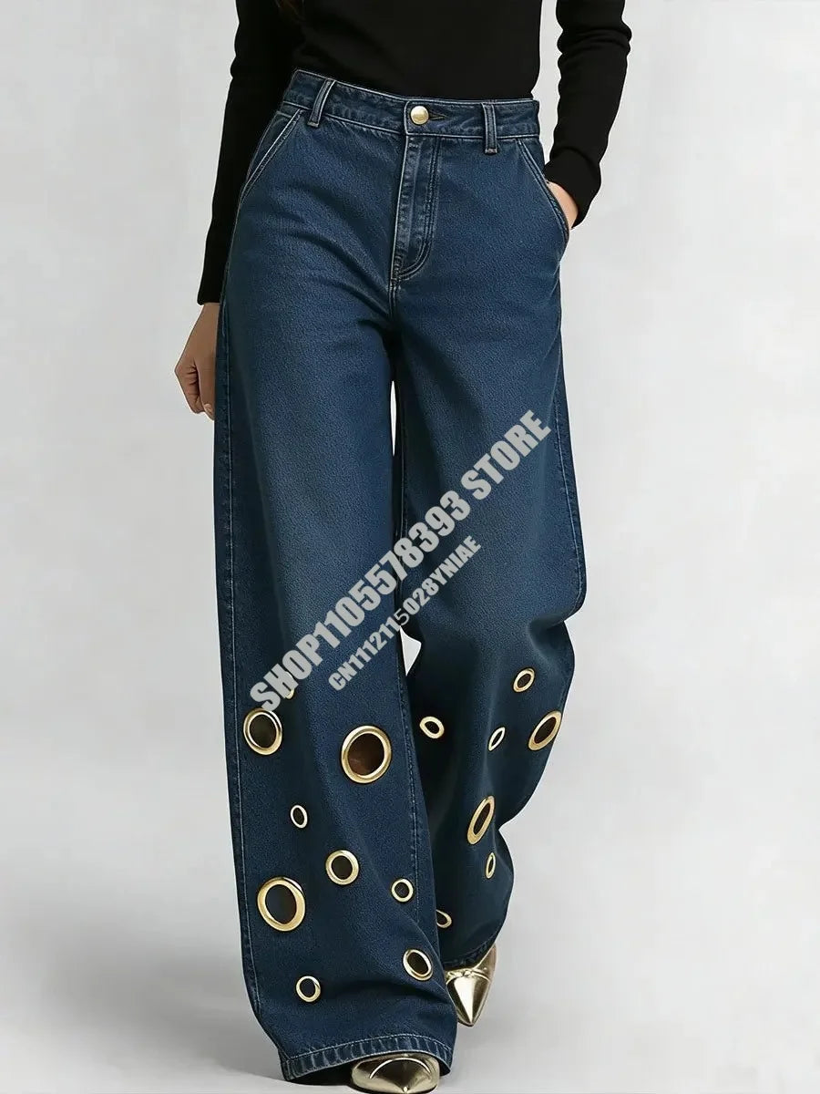 American High Street Straight Leg Jeans Women Metal Ring Hollow Long Jeans Autumn Casual High Waist Pockets Baggy Denim Pants