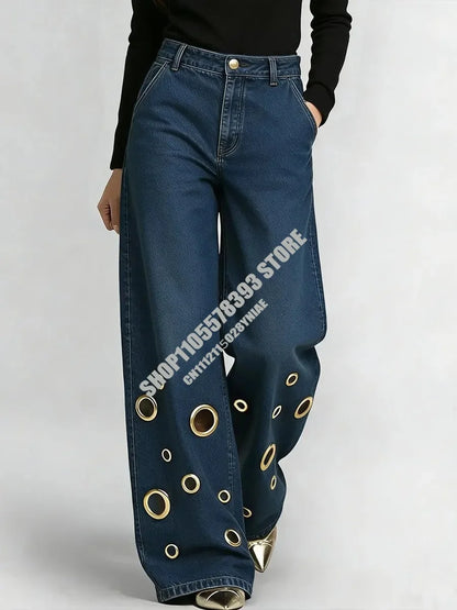 American High Street Straight Leg Jeans Women Metal Ring Hollow Long Jeans Autumn Casual High Waist Pockets Baggy Denim Pants