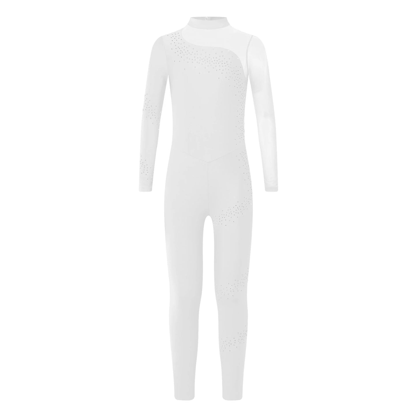 Kids Girls Ballet Dance Gymnastics Leotard Figure Skating Acrobatics Yoga Bodysuit Long Sleeve Shiny Rhinestone Mesh Jumpsuit