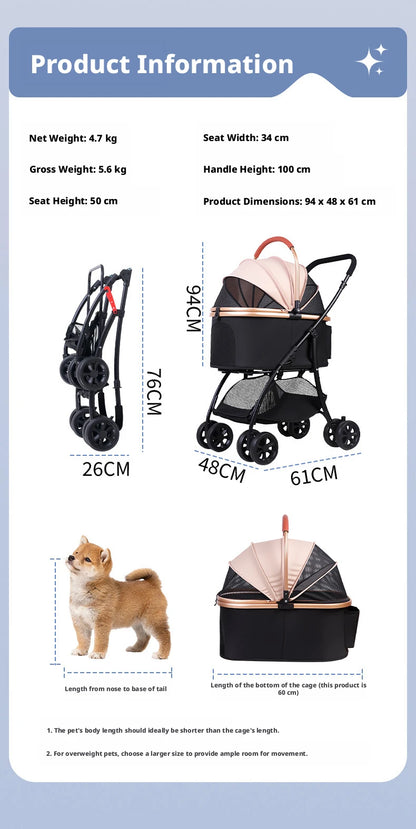 Pet Stroller 2-in-1 Detachable with Removable Lightweight Carrier Basket One-Click Fold 4-Wheel Dog Cat Trolley Breathable Mesh Windows Large Storage Space for Small Medium Pets