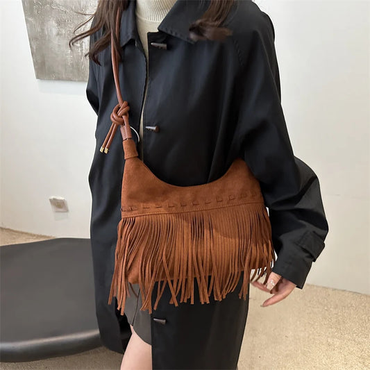 Vintage Tassel Crossbody Bags Casual Style Tassel Shoulder Bag Solid Color Suede Handbag Underarm Packs Travel Fur Bags