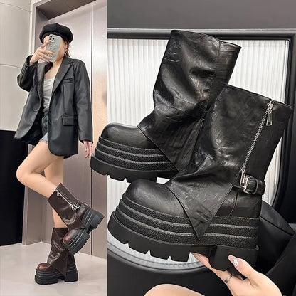 NEW Women's Leather Ankle Boots 10CM Heels Chunky Platform Combat Boots Non Slip Motorcycle Shoes Woman Punk Boots