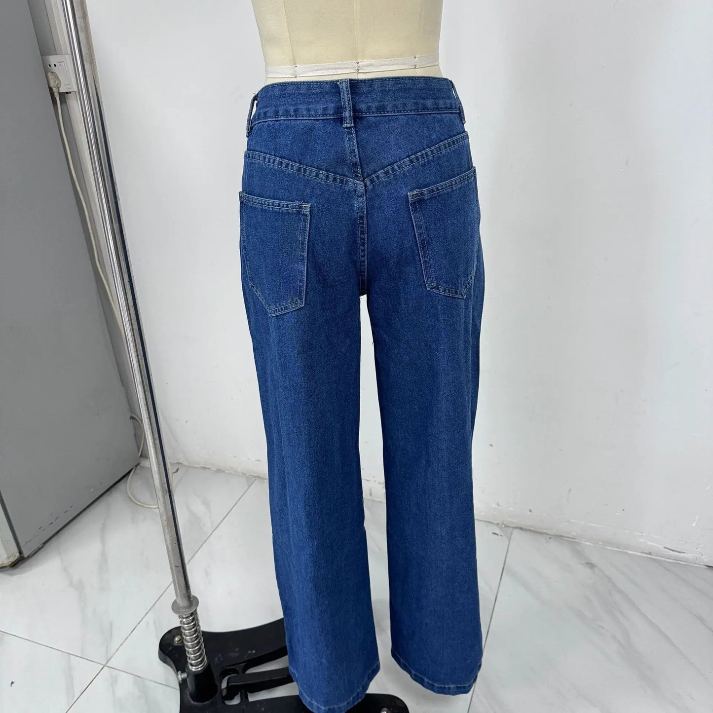 New European American Fashionable, Retro and Individuality Wide-leg Floor-length Denim Trousers with A Slit and Two-tone Design