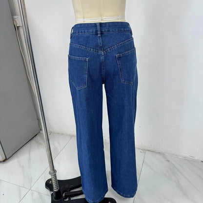 New European American Fashionable, Retro and Individuality Wide-leg Floor-length Denim Trousers with A Slit and Two-tone Design