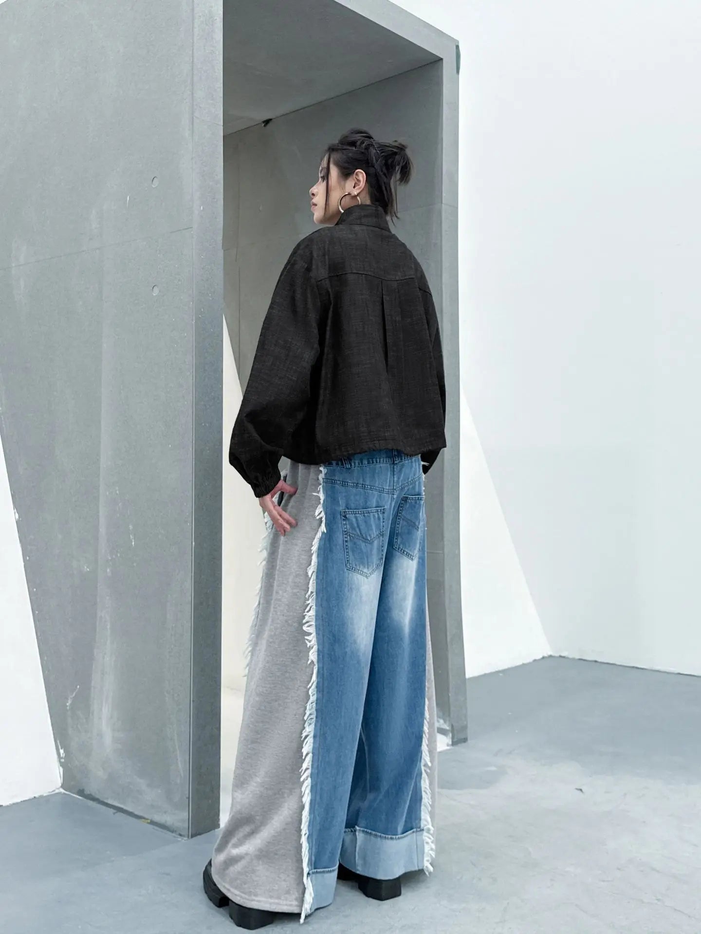 NYFS Europe United States Patchwork Loose plus Size Women's Jeans Elastic Waist Trousers Autumn Fashion Denim Wide-leg pants