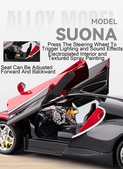 Bugatti Tourbillon, Nissan Skyline GTR, Model Sports 1:24 Car Alloy Diecast Sound Light Doors Opened Shock Absorption Ornament Supercar Toys Gift