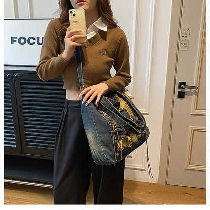Denim Y2k Womens Shoulder Bag Vintage Washed Distressed Fashion female Messenger Bag Large Capacity ladies Handbag Sac totes