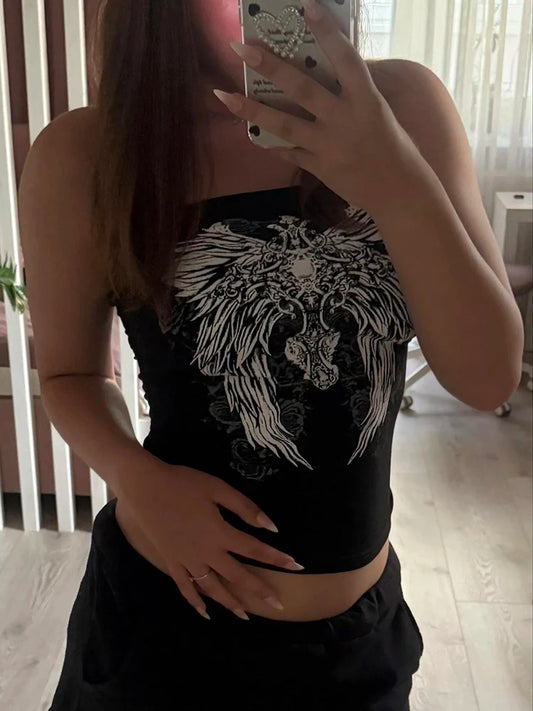 Gothic Print Black Tube Top Women Strapless Skinny Cropped Tops Summer Casual Chic Graphic Tees y2k Streetwear Vest Basic