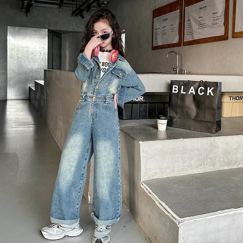 2025 Spring teen Kids girl Denim Jumpsuits Long Sleeve Overalls Children Fashion Jeans Loose Trousers Korean junior Girls Outfit