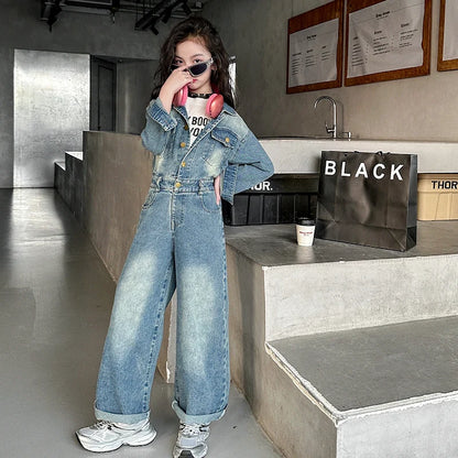 2025 Spring teen Kids girl Denim Jumpsuits Long Sleeve Overalls Children Fashion Jeans Loose Trousers Korean junior Girls Outfit