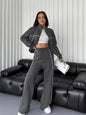 Sweatshirt Two-piece Suit Women's Oversize Striped Casual Sports Sets Zipper-up Short Jacket Straight Trousers 2-piece Sets