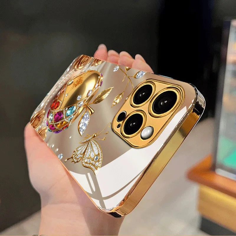 Luxury Golden For Apple Pattern Metallic Paint Glass Phone Case For iPhone 17 16 15 14 13 12 11 Pro Max 16 Plus 17 Air 16E Cover