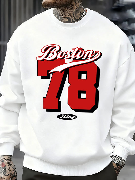 Boston Number 78 Printed Men Sweatshirt Casual Hip Hop Pullovers Vintage Oversized Crewneck Clothes Fleece All-Match Tops